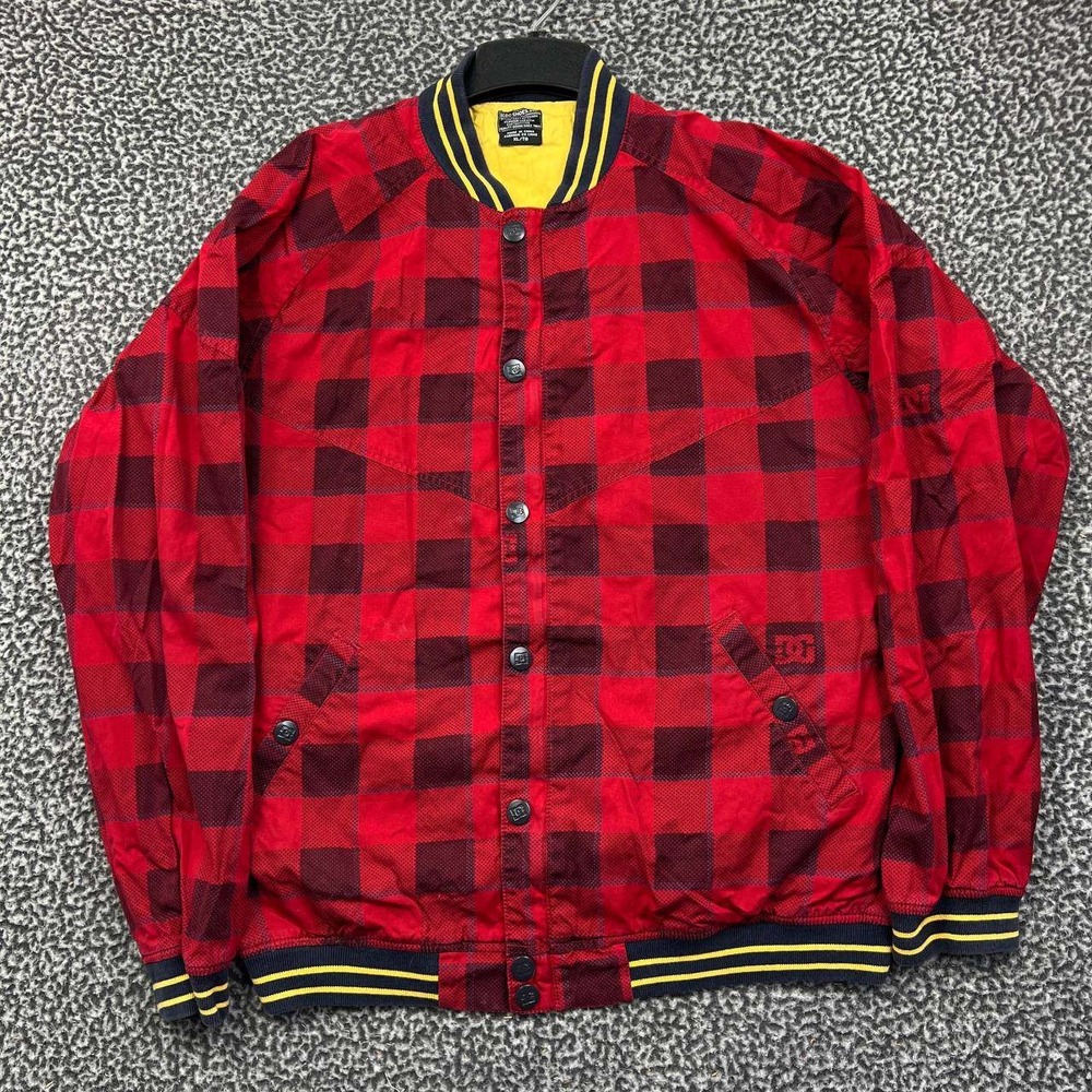 DC Shoes Mens Buffalo Plaid Bomber Jacket Red Black Check Snap Front‎ XL Y2k